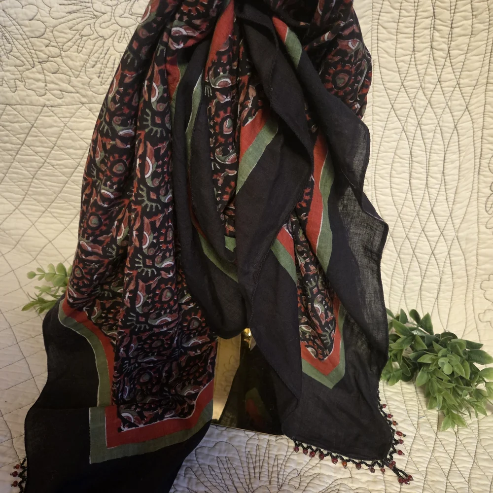 Boho Beaded Fringe Shawl Wrap Scarf Tribal Print Lightweight Large Scarf
